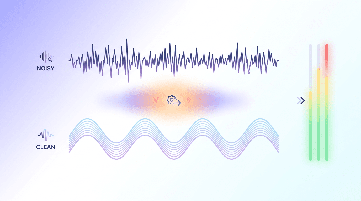 An audio waveform being cleaned and enhanced
