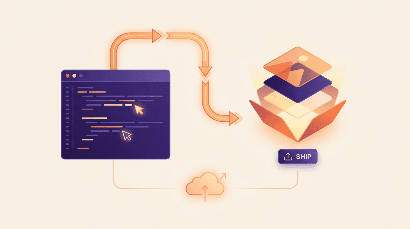 Illustration of a code panel beside a layered editable graphic asset