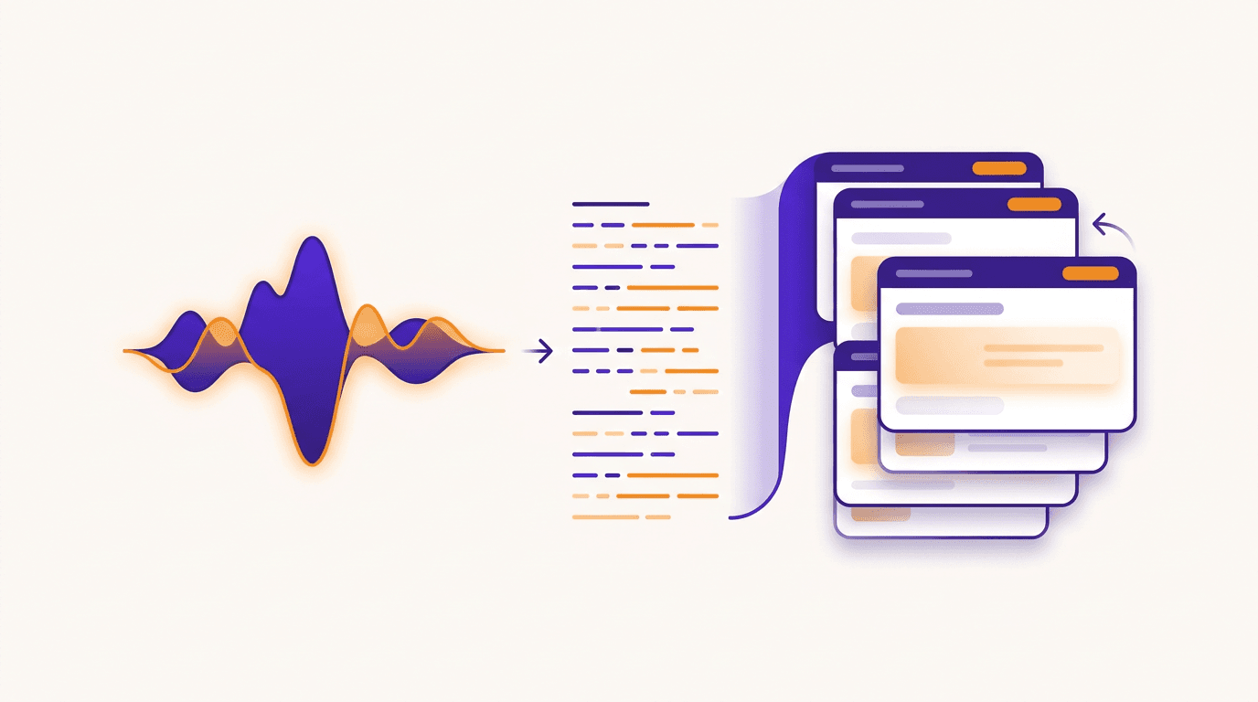 An audio waveform transforming into transcript lines, which fold into a stack of finished slide cards