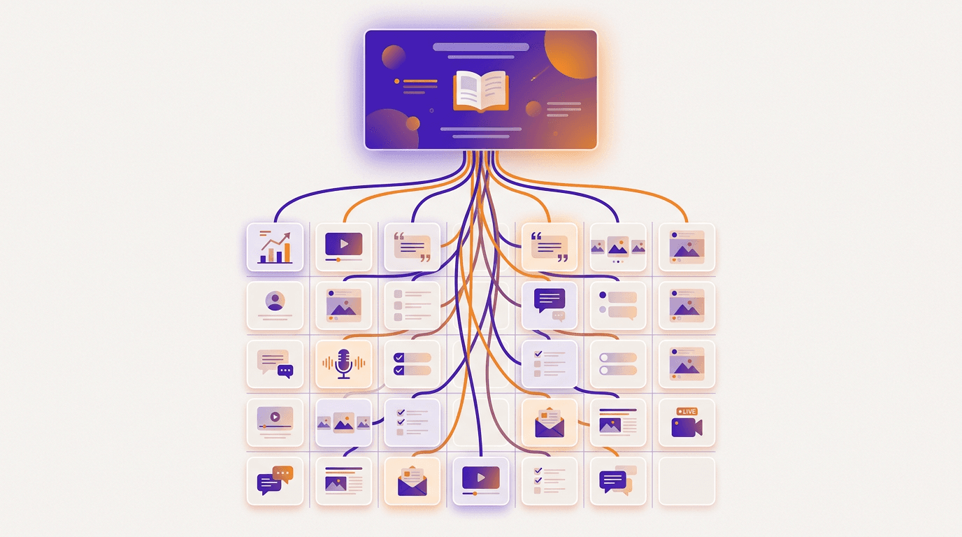 A monthly calendar grid where one highlighted source article feeds threads down into individual day cells