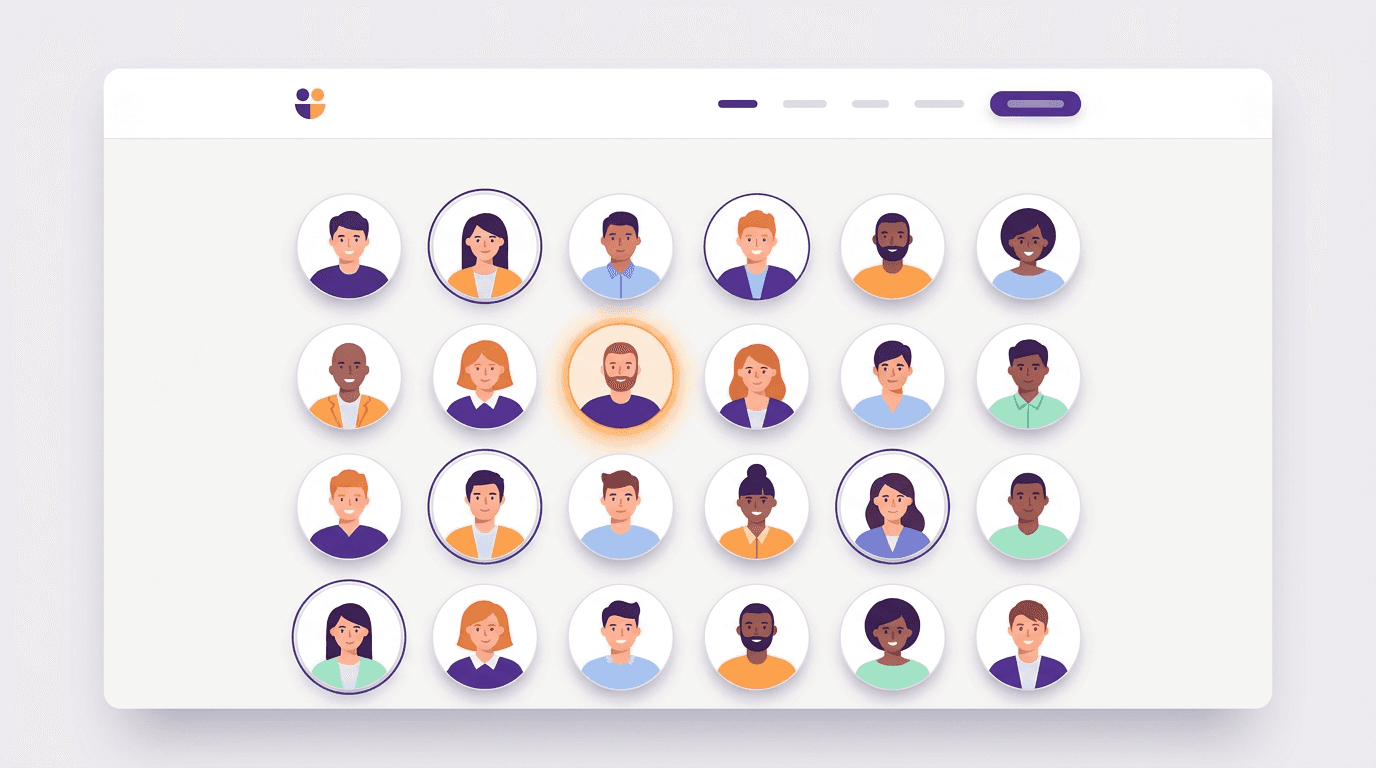 Grid of circular team portrait avatars on a website about page, some with thin keyline rings