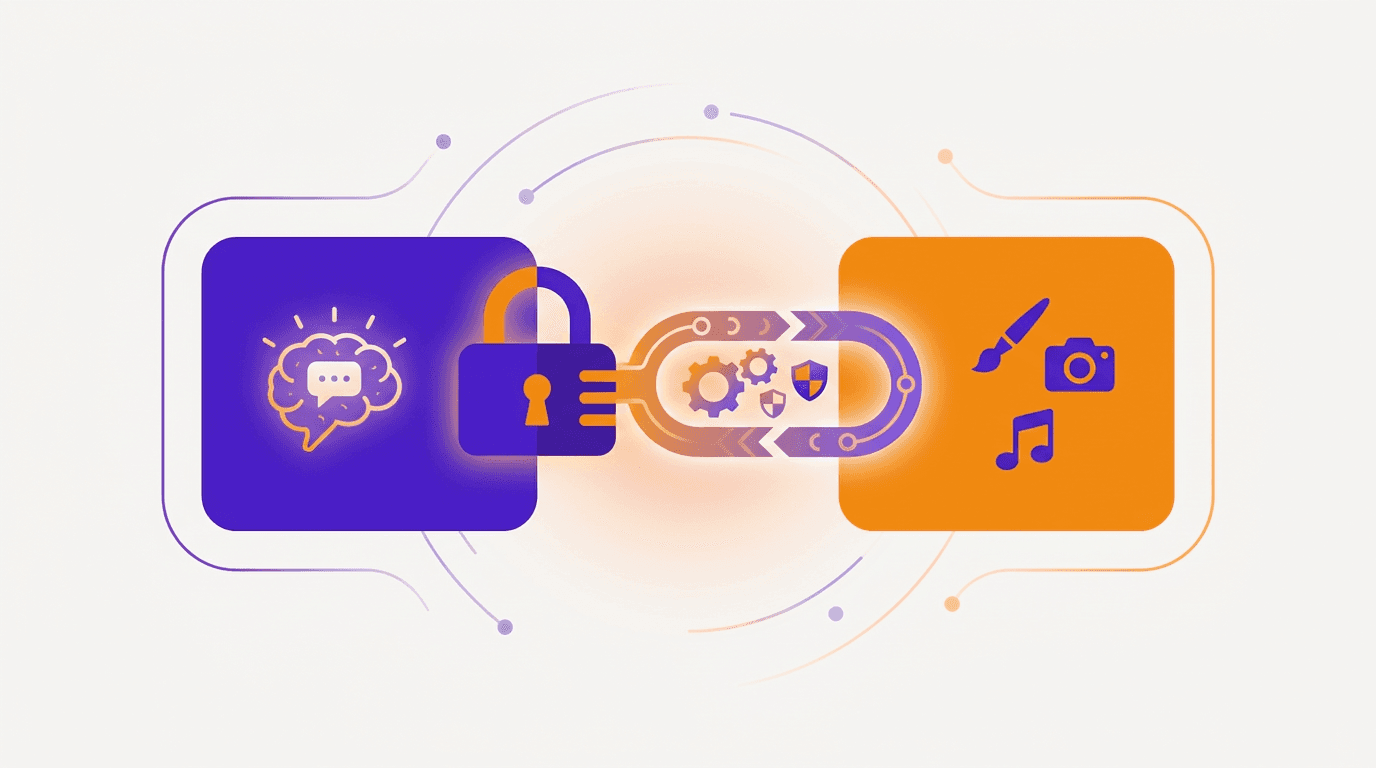 Abstract illustration of a secure scoped connection between an AI assistant and an external creative application
