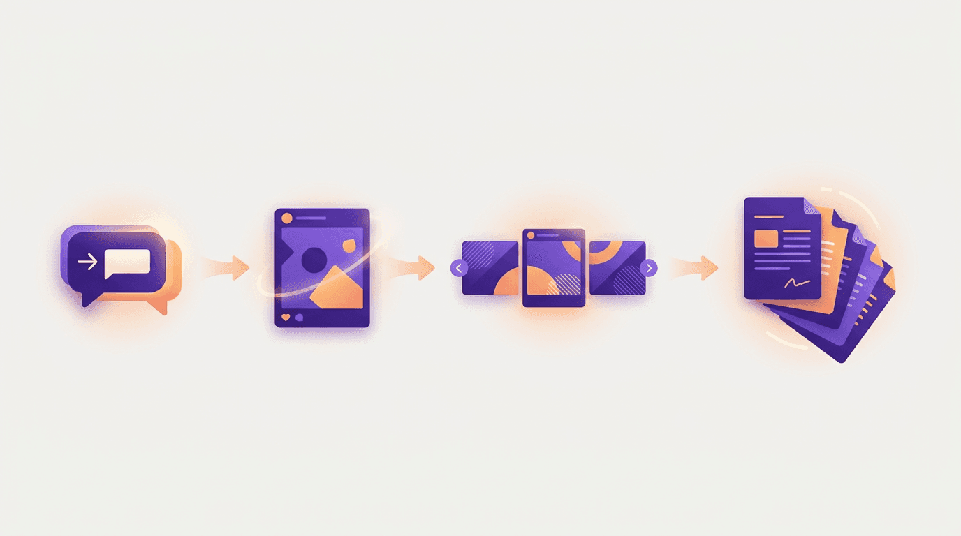 Illustration of a chat request becoming a finished single post, a multi-slide carousel, and a multi-page document
