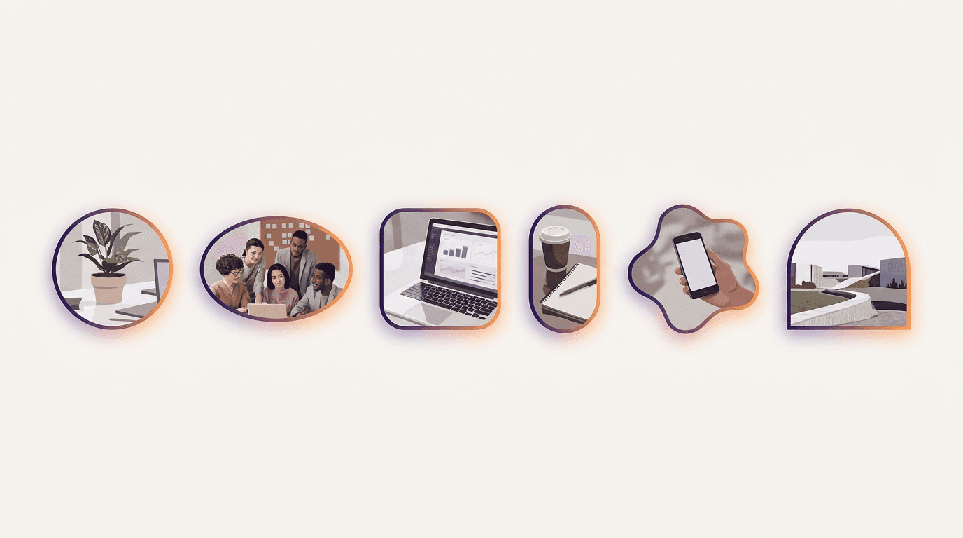 Six photo mask shapes in a row: circle, ellipse, rounded square, pill, blob and arch, each holding a different photograph