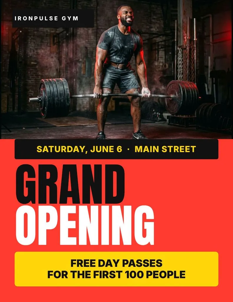 Gym grand opening flyer: black and white weightlifting photo above a huge grand opening headline on red with a free day passes block