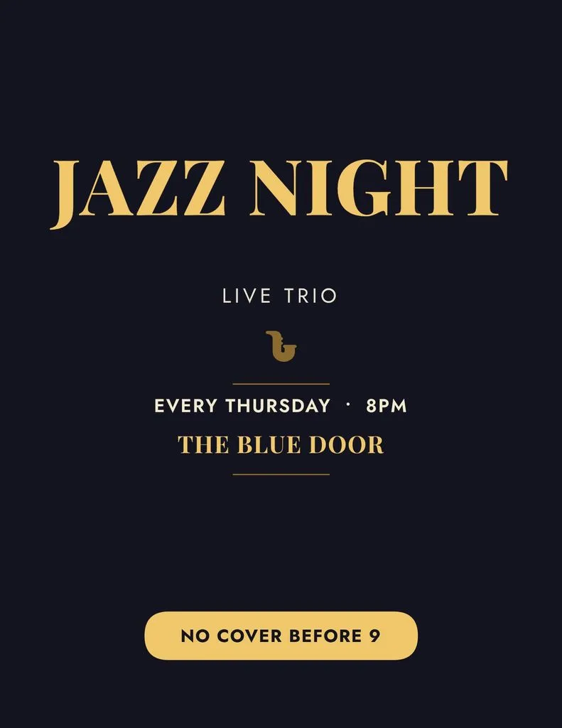 Jazz night flyer: gold serif headline on a dark navy background with the time, venue and a no-cover-before-9 button