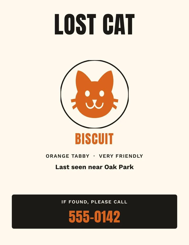Lost cat flyer: bold black headline, an orange cat icon, last-seen details and a phone number in a dark block