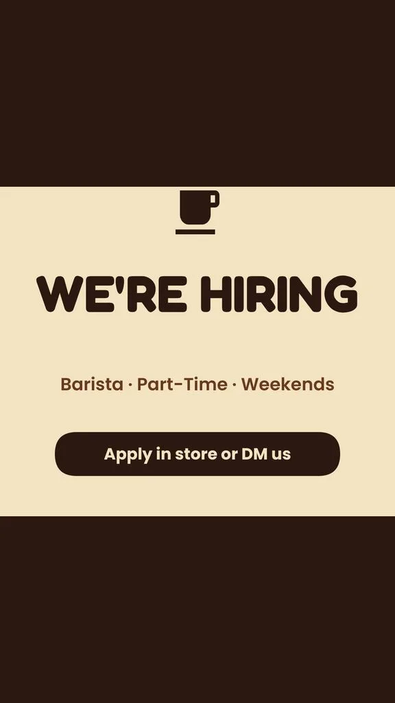 Hiring story: we're hiring headline with a coffee cup icon on a cream band across dark brown, with an apply button