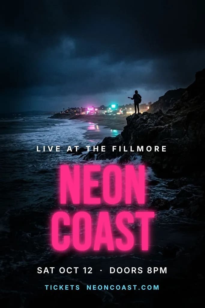 Gig poster: glowing pink Neon Coast headline over a moody night coastline with a guitarist on the rocks, live at The Fillmore with date, doors and ticket link