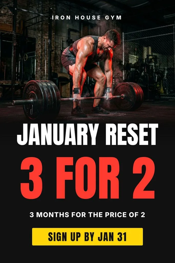 Gym promo poster: deadlift photo above a huge January reset headline, a red 3 for 2 offer and a yellow sign up by Jan 31 button