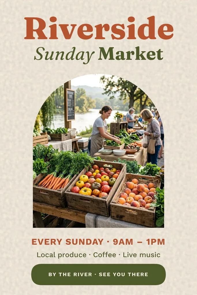 Farmers market poster: serif Riverside Sunday Market headline on textured cream, a market stall photo in an arch frame, hours and a green button