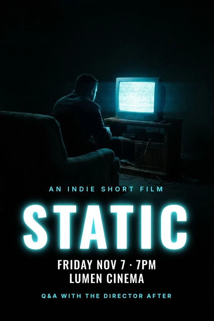 Film screening poster: a man watching a glowing TV in the dark, a big cyan Static title, the date, Lumen Cinema and a director Q&A line