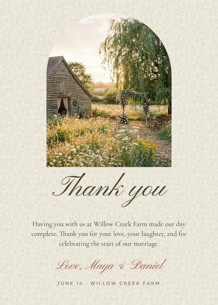 Wedding thank you card: a barn and willow tree photo in an arch frame, a script Thank you, a short message to guests and Love, Maya & Daniel on textured cream