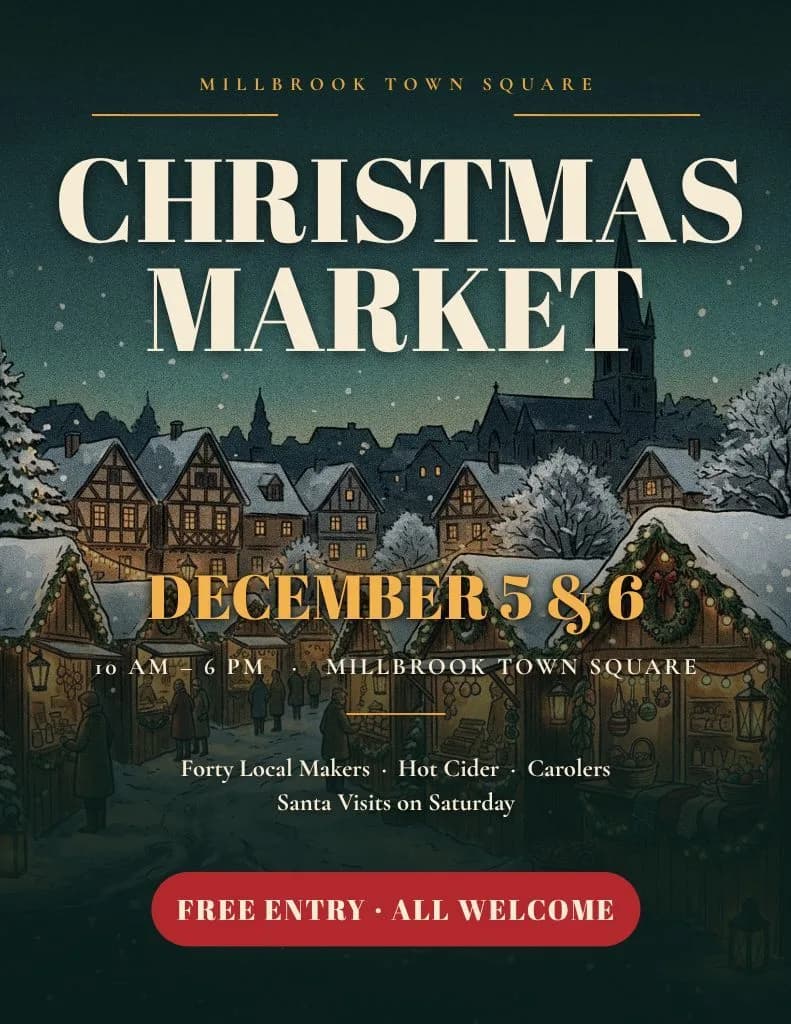 Christmas market flyer for Millbrook Town Square: a cream serif headline over an illustrated snowy village of market stalls at night, December 5 and 6, 10 AM to 6 PM and a red free entry pill