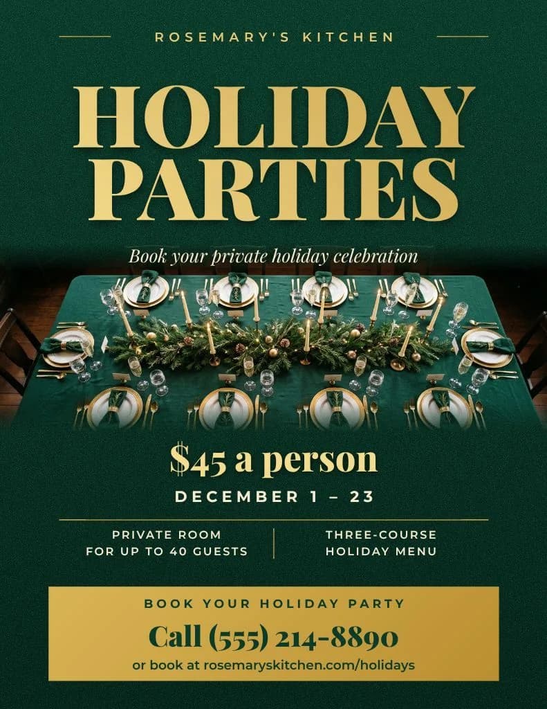 Holiday party bookings flyer for Rosemary's Kitchen in deep green and gold: a gold serif headline over a set holiday table with candles and greenery, $45 a person, December 1 to 23 and a booking block with the phone number and link