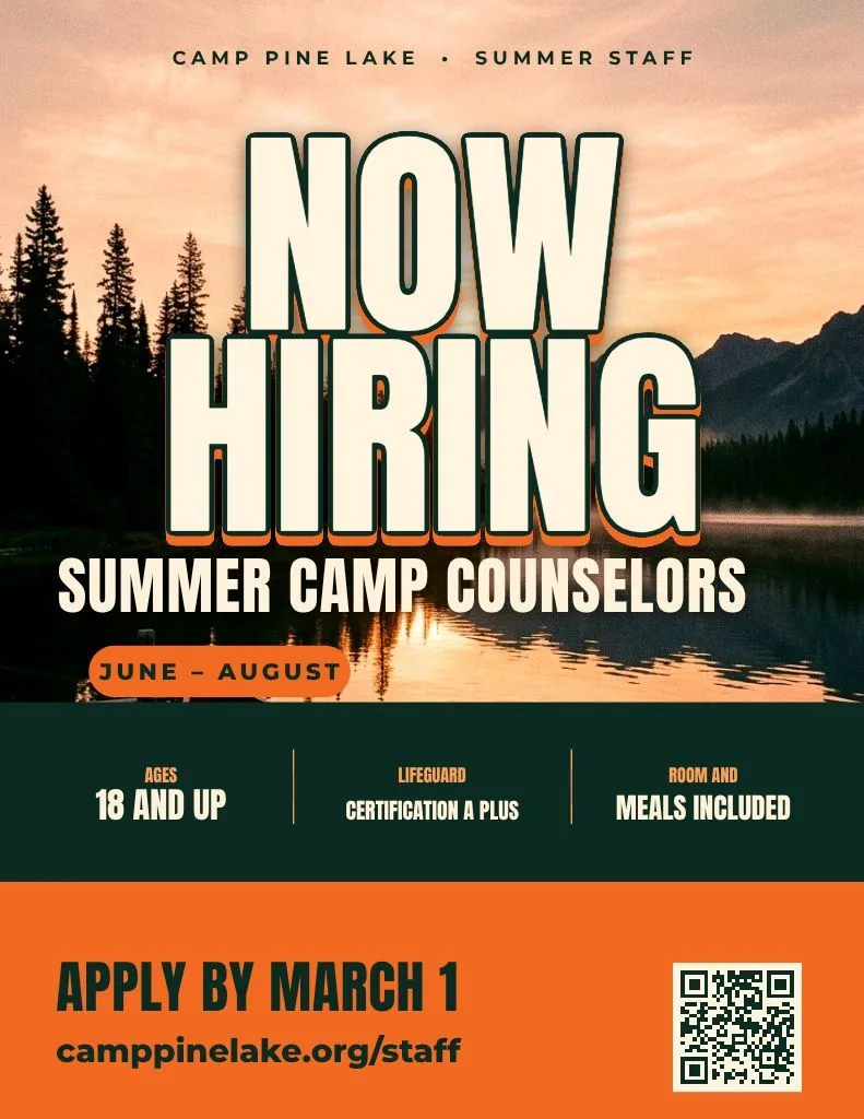 Now hiring summer camp counselors poster for Camp Pine Lake over a lake at sunset: June to August, ages 18 and up, room and meals included, apply by March 1 with a QR code