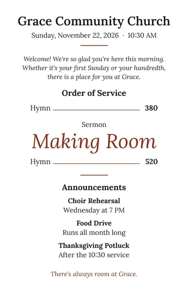 Half-letter church bulletin for Grace Community Church, Sunday, November 22, 2026 at 10:30 AM: a welcome line, the order of service with hymns 380 and 520 around the sermon Making Room, and announcements for choir rehearsal, the food drive and the Thanksgiving potluck after the 10:30 service