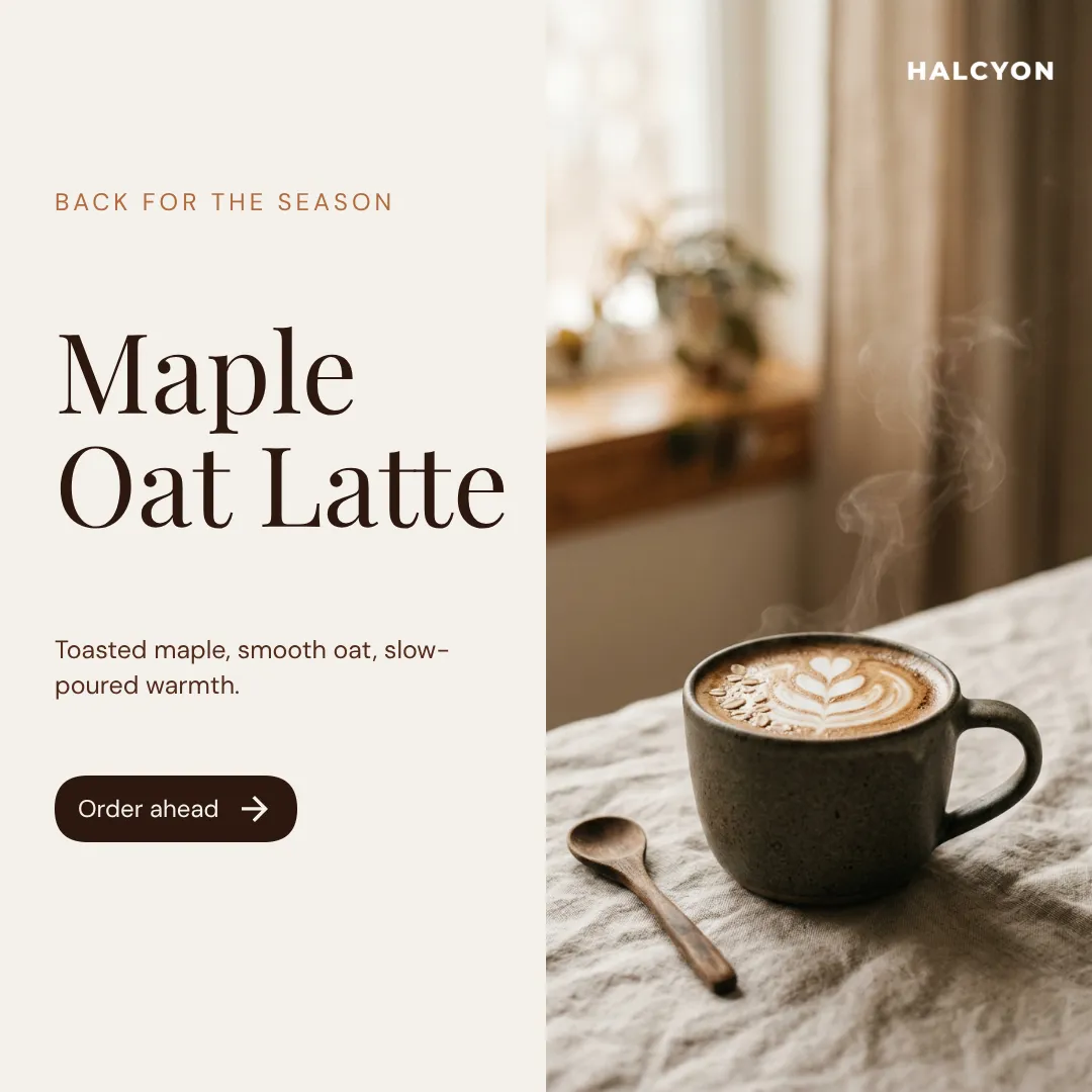 Halcyon Coffee announcement post designed in Krumzi on the café's brand colors and fonts