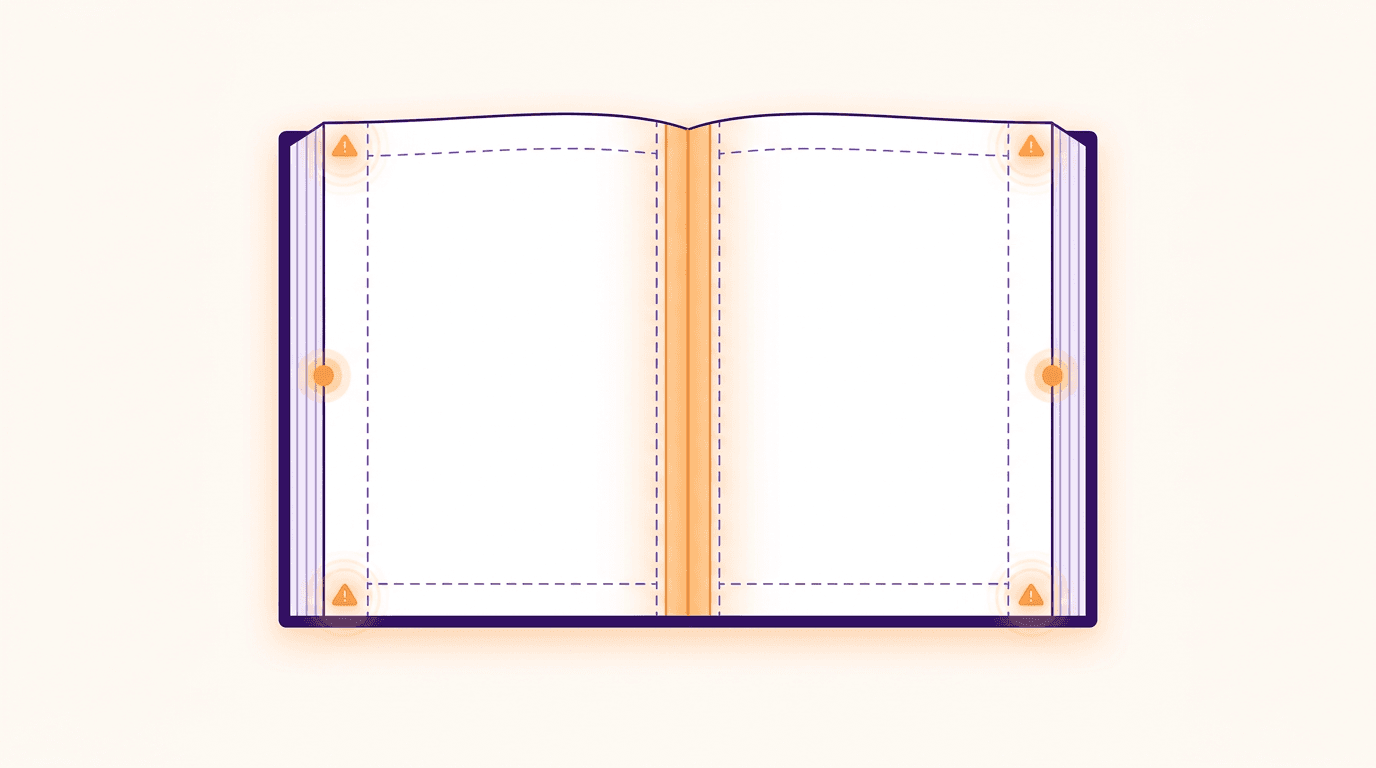 A page spread with dashed safe margin guides inset from every edge and a highlighted gutter down the centre