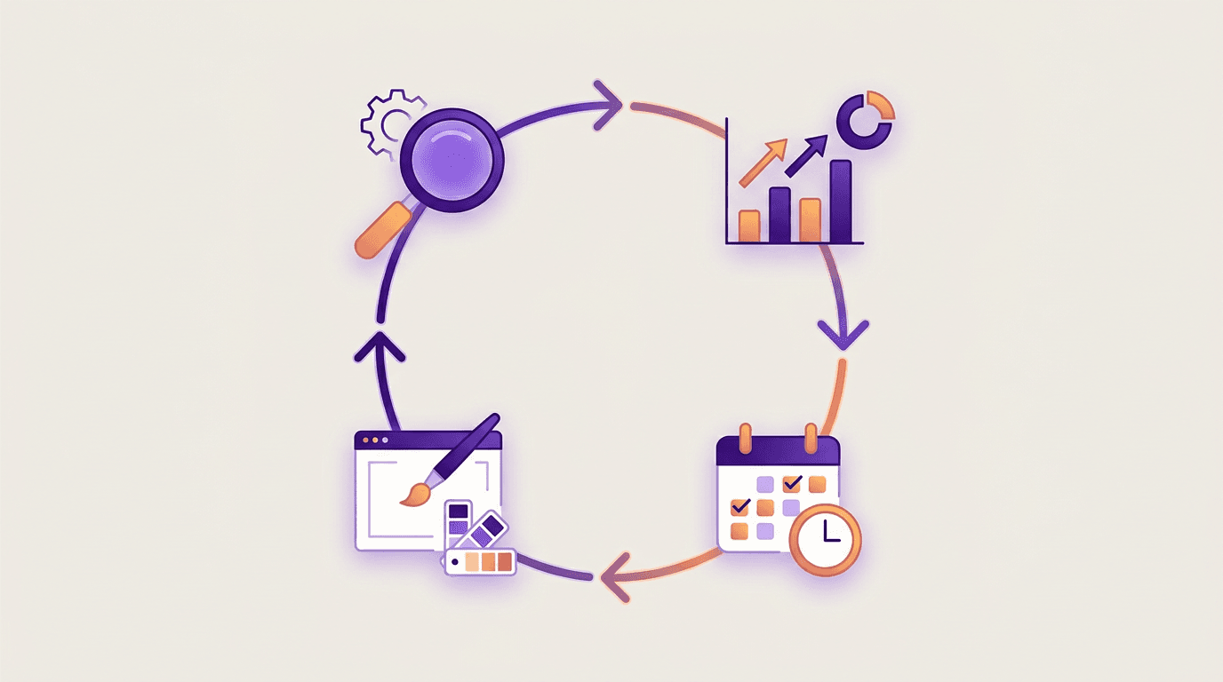 Illustration of a marketing workflow as connected stations for research, design, scheduling and reporting