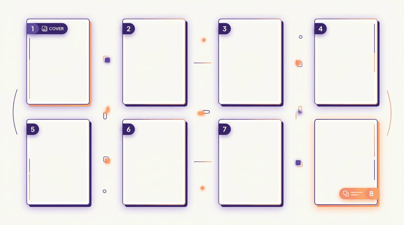Eight blank booklet pages laid out flat in a storyboard grid with page number badges
