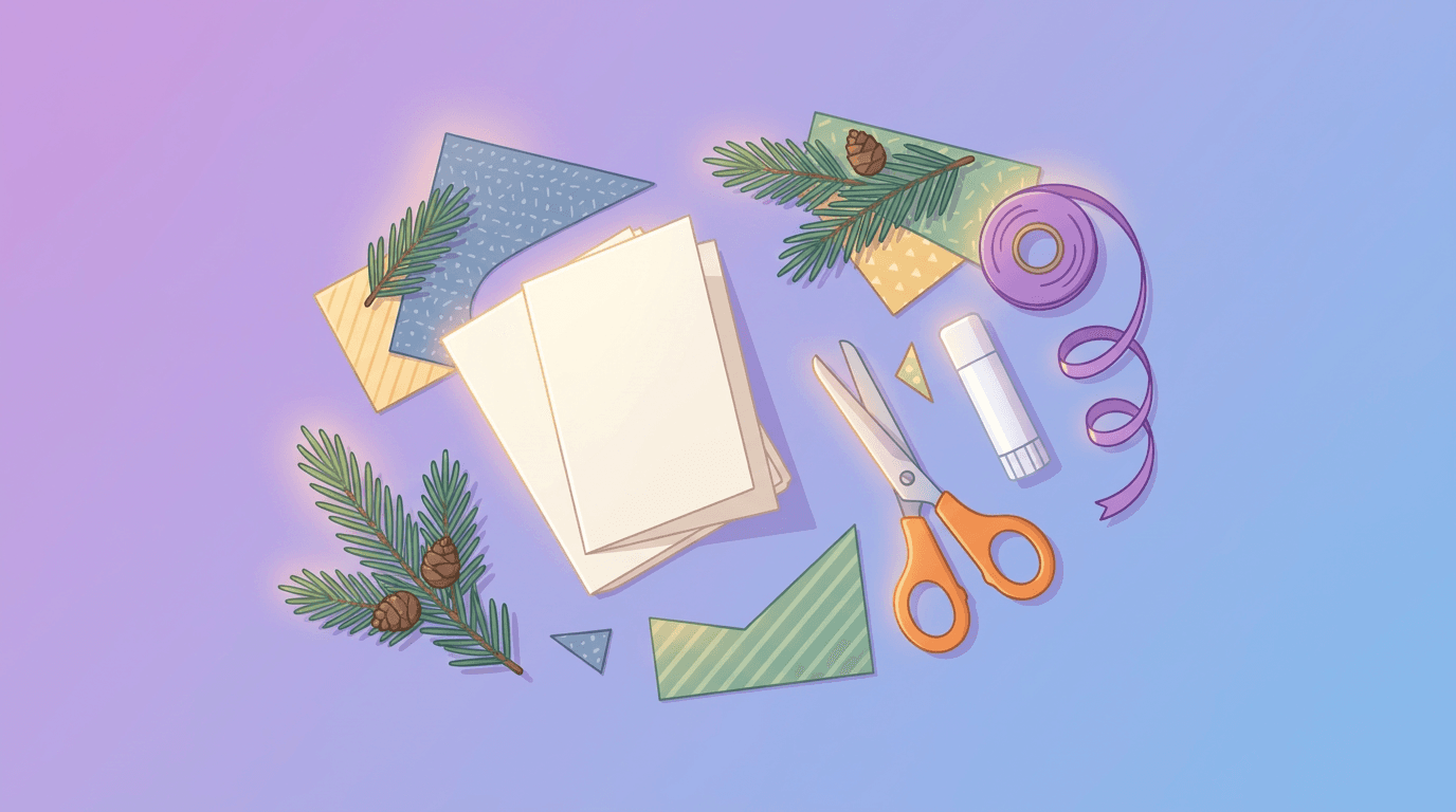 Handmade card materials laid out on a craft table