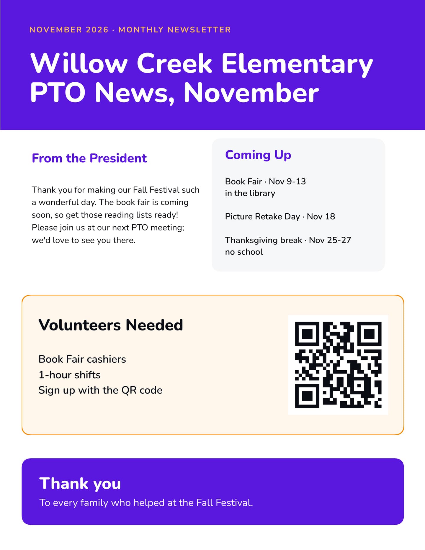 Example made in Krumzi for a made-up school group (Willow Creek Elementary PTO is not real): page 1 of a 2-page US Letter newsletter, with the news, the volunteer ask and a thank-you