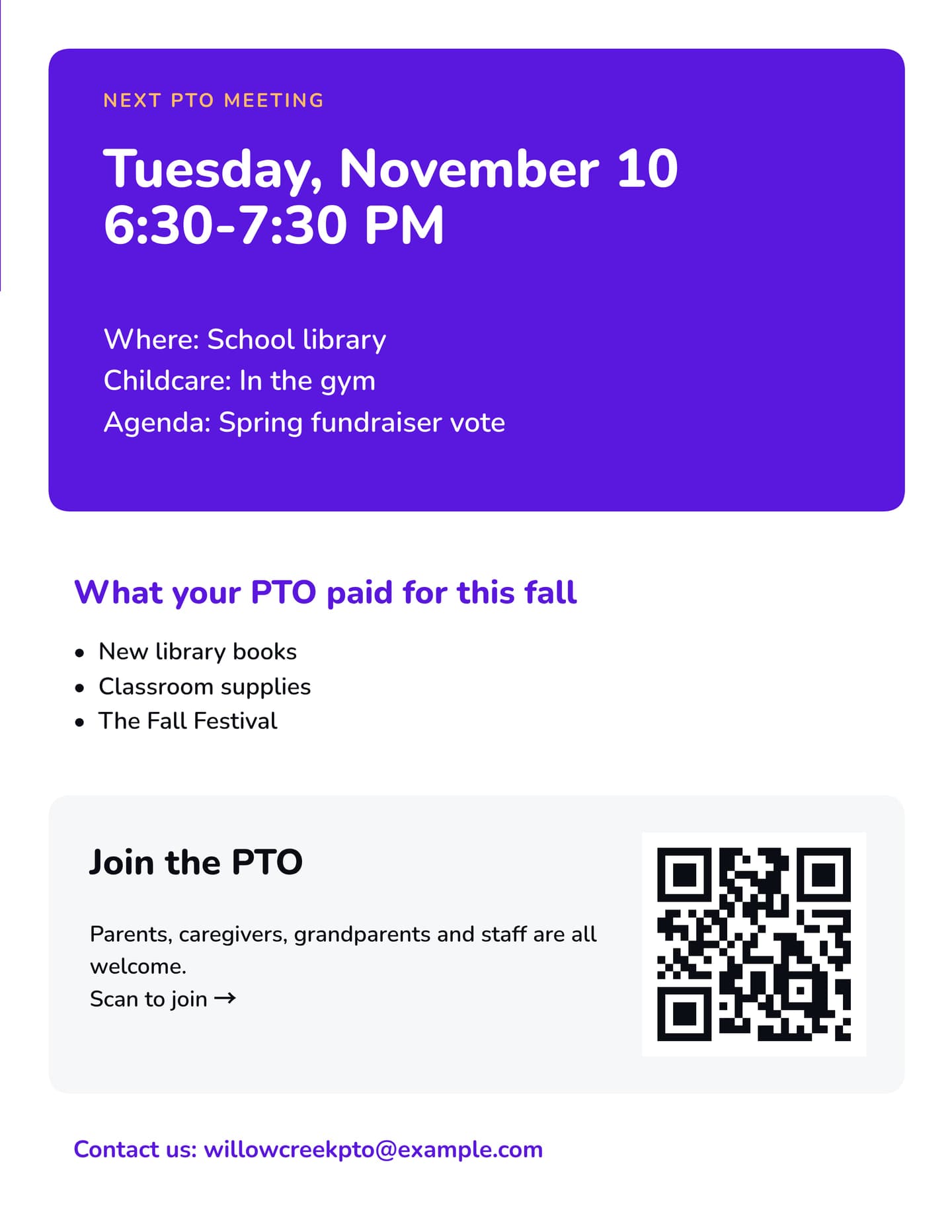 Example made in Krumzi for a made-up school group (Willow Creek Elementary PTO is not real): page 2, the back page, with the meeting box, what the PTO paid for, the join box and contacts