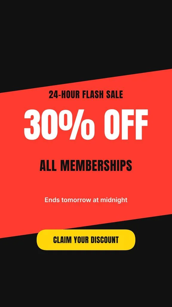 Flash sale story: white 30% off headline on a slanted red band over black, with a yellow claim-your-discount button