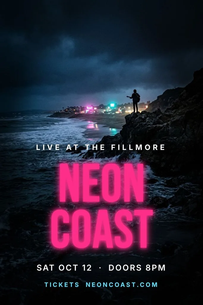 Gig poster: glowing pink Neon Coast headline over a moody night coastline with a guitarist on the rocks, live at The Fillmore with date, doors and ticket link